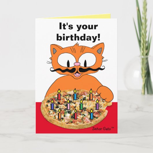 Birthday Kaart Humoureuze Mustache Cat Pizza Party (Voorkant)