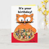 Birthday Kaart Humoureuze Mustache Cat Pizza Party (Gele Bloem)