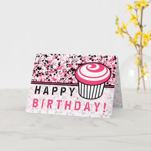 Birthday-kaart met roze en zwarte verf kaart (Gele Bloem)