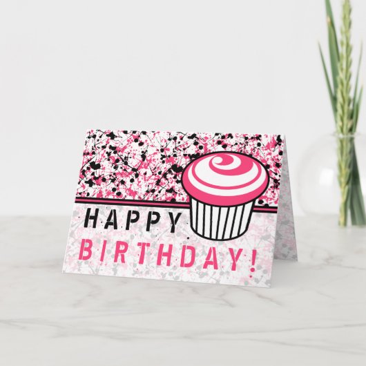 Birthday-kaart met roze en zwarte verf kaart (Voorkant)