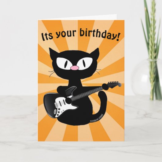 Birthday Kaart - Rocker Black Cartoon Cat w/Guitar (Voorkant)
