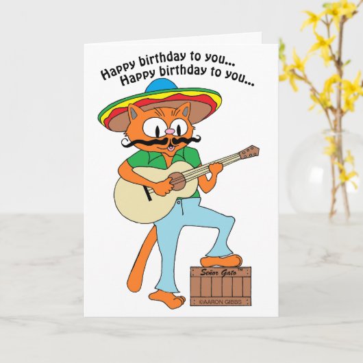 Birthday Kaart Singing Cartoon Fiesta Cat (Gele Bloem)