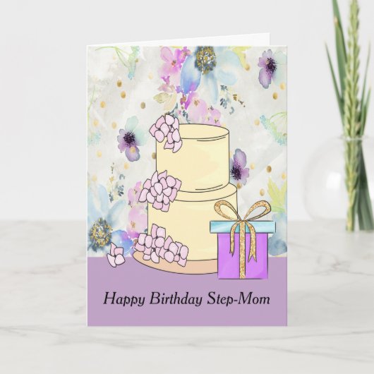 Birthday Kaart voor Step-Mam met Cake & Cadeau (Voorkant)