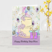 Birthday Kaart voor Step-Mam met Cake & Cadeau (Gele Bloem)