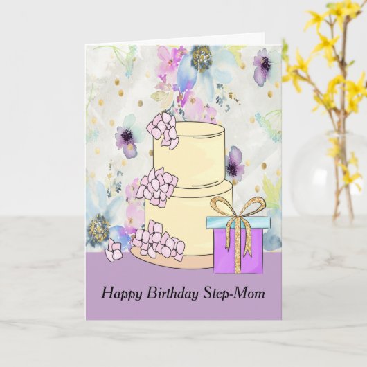 Birthday Kaart voor Step-Mam met Cake & Cadeau (Gele Bloem)