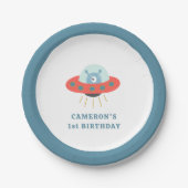 Birthday Kind Cute Blue Alien Spaceship Papieren Bordje (Voorkant)