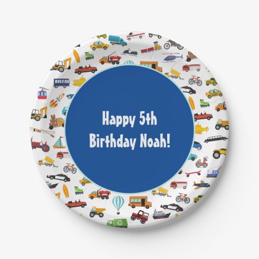 Birthday Kind Little Boy Cars Vehicle Pattern Papieren Bordje (Voorkant)