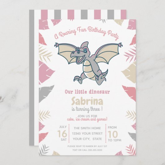 Birthday Kind van Cute Pink Gray Tan Dinosaur Kaart (Voorkant / Achterkant)