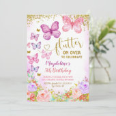 Birthday Kind van roze en Paarse vlinder uitnodige Kaart (Staand voorkant)