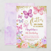 Birthday Kind van roze en Paarse vlinder uitnodige Kaart (Voorkant / Achterkant)