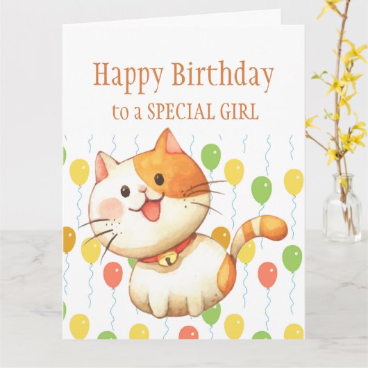 BIRTHDAY KINDER Oranje Kat Kitten kleurrijke ballo Kaart (Gele Bloem)