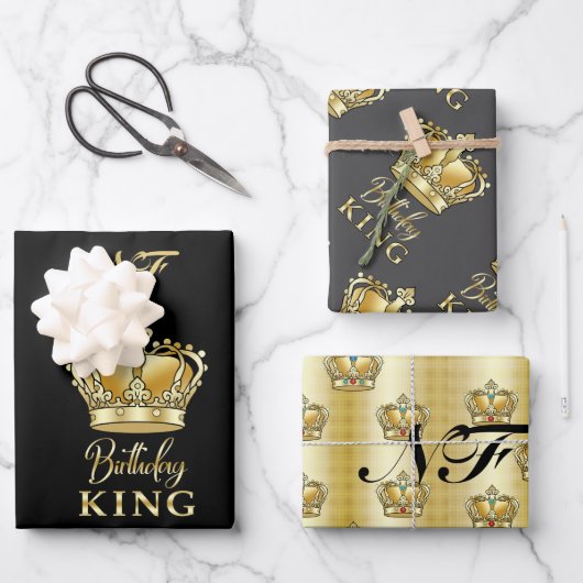 Birthday King Gold Crown Royal Monogram Luxe Inpakpapier Vel (Voorkant)