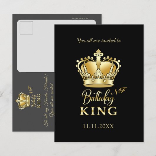 Birthday King Gold Crown Royal Monogram Luxe Uitnodiging Briefkaart (Voorkant / Achterkant)
