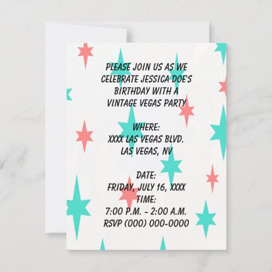 BIRTHDAY  LAS VEGAS STYLE ARTIJ INVITATIE KAART (Achterkant)