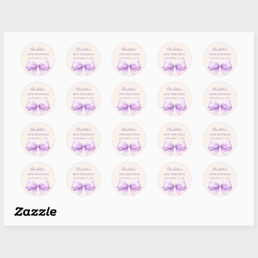 Birthday lavender bow ivory ronde sticker (Vel)