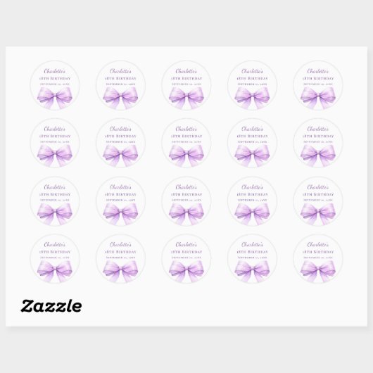Birthday lavender bow ronde sticker (Vel)