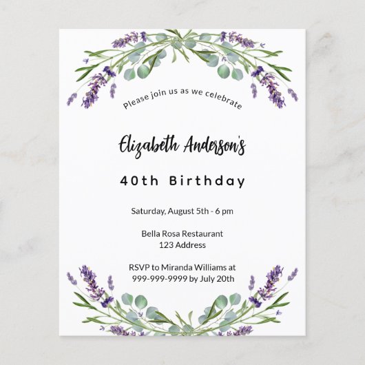 Birthday lavender eucalyptus budget uitnodiging flyer (Voorkant)