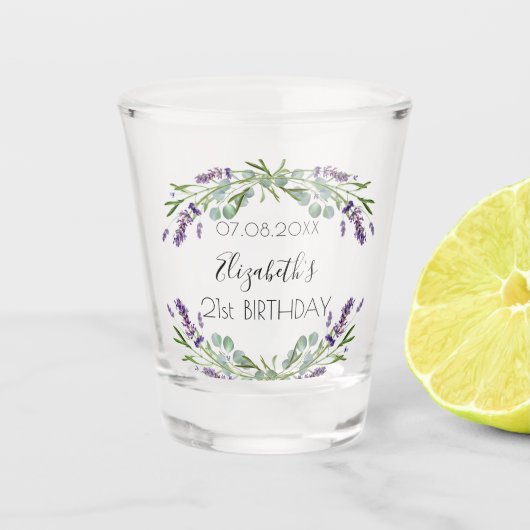 Birthday lavender eucalyptus greenery name shot glas (Voorkant)