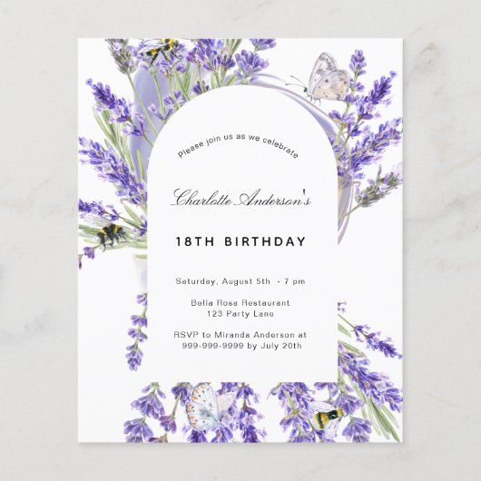Birthday lavender floral budget uitnodiging flyer (Voorkant)