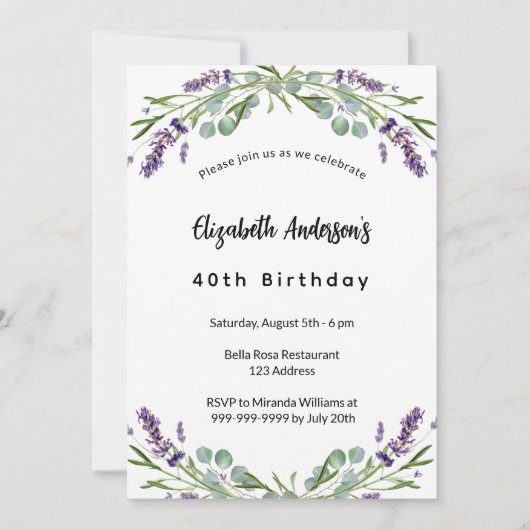 Birthday lavender florals eucalyptus greenery kaart (Voorkant)