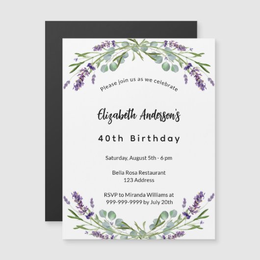 Birthday lavender florals eucalyptus greenery magnetische uitnodiging (Voorkant / Achterkant)