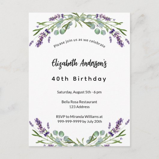 Birthday lavender florals eucalyptus greenery uitnodiging briefkaart (Voorkant)