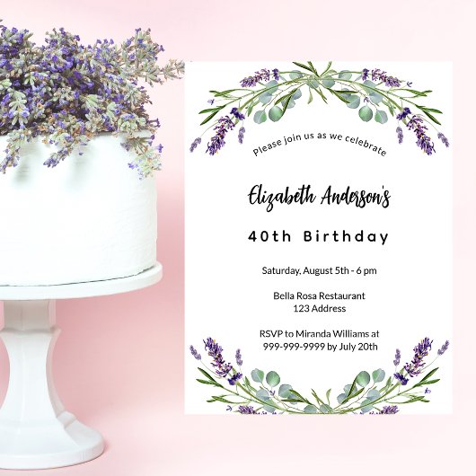 Birthday lavender florals eucalyptus greenery uitnodiging briefkaart