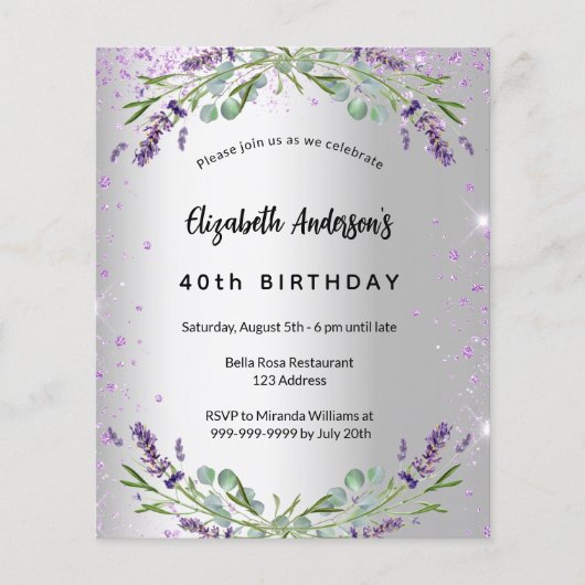 Birthday lavender Silver-begrotingsuitnodiging (Voorkant)