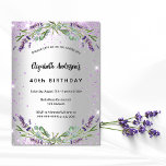 Birthday lavender Silver Eucalyptus greenery Kaart<br><div class="desc">Een faux zilveren achtergrond met violet faux glitter,  sparkles,  lavender florals,  bloemen en eucalyptusgroen. Personaliseer en voeg jouw naam en de partijdetails toe.</div>