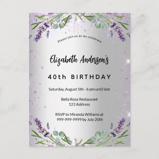 Birthday lavender Silver Eucalyptus greenery Uitnodiging Briefkaart (Voorkant)
