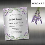 Birthday lavender Silver Eucalyptus luxe Magnetische Uitnodiging<br><div class="desc">Een faux zilveren achtergrond met violet faux glitter,  sparkles,  lavender florals,  bloemen en eucalyptusgroen. Personaliseer en voeg jouw naam en de partijdetails toe.</div>