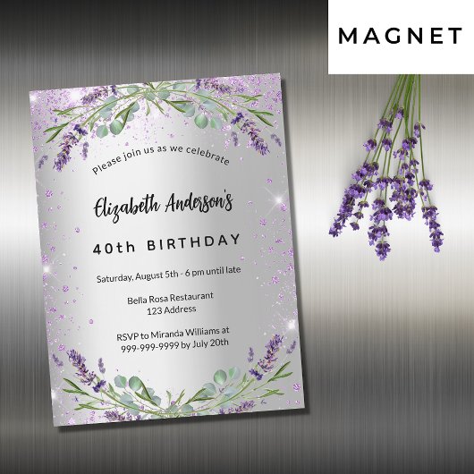 Birthday lavender Silver Eucalyptus luxe Magnetische Uitnodiging