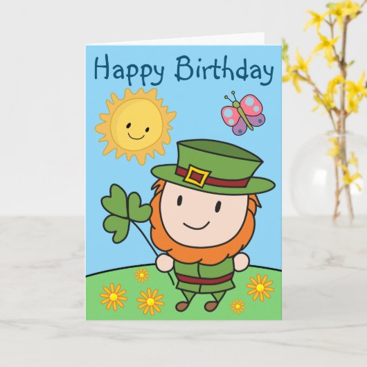 Birthday Leprechaun Kaart (Gele Bloem)