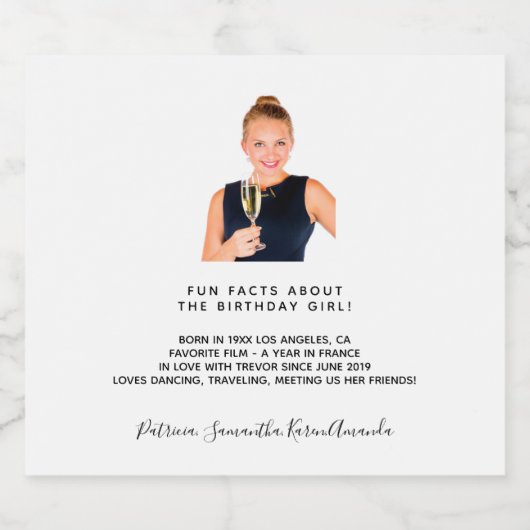 Birthday leukste feiten biografie witte foto sparkling wijnetiket (Enkel label)