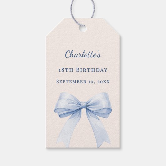 Birthday light blue bow ivory DIY write by hand Cadeaulabel (Voorkant)