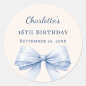 Birthday light blue bow ivory ronde sticker (Voorkant)