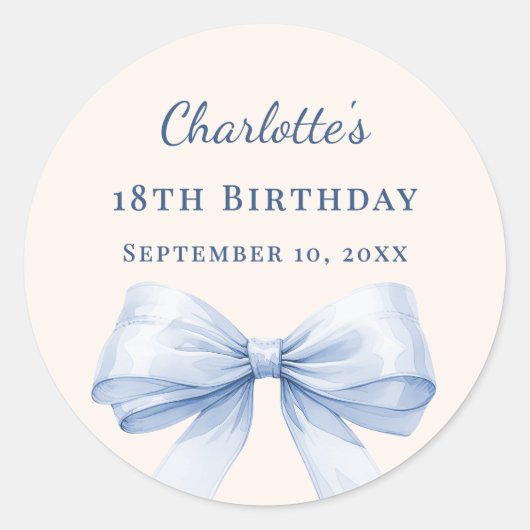 Birthday light blue bow ivory ronde sticker (Voorkant)