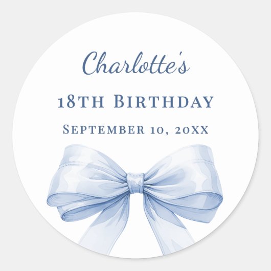 Birthday light blue bow ronde sticker (Voorkant)