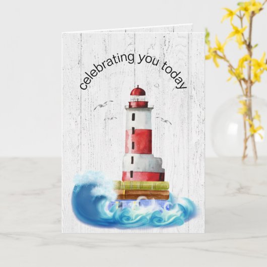 Birthday Lighthouse on Whitewash Wood Kaart (Gele Bloem)