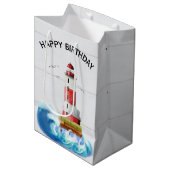 Birthday Lighthouse on Whitewash Wood Medium Cadeauzakje (Voorkant Gekanteld)
