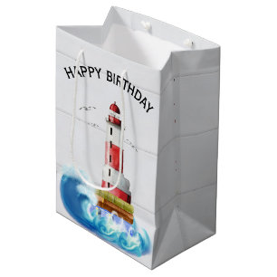 Birthday Lighthouse on Whitewash Wood Medium Cadeauzakje