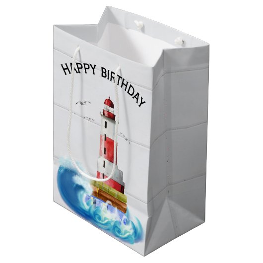 Birthday Lighthouse on Whitewash Wood Medium Cadeauzakje (Voorkant Gekanteld)