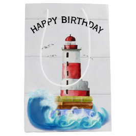 Birthday Lighthouse on Whitewash Wood Medium Cadeauzakje