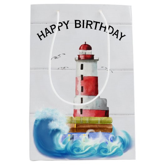 Birthday Lighthouse on Whitewash Wood Medium Cadeauzakje (Voorkant)