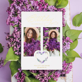 Birthday Lilac Real Gold 2 Photos Floral Heart Folie Uitnodiging
