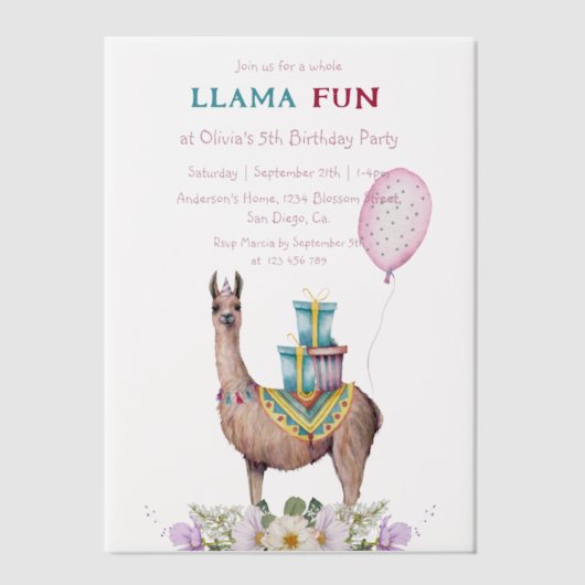 Birthday Llama Vellum Uitnodigingen (Voorkant)