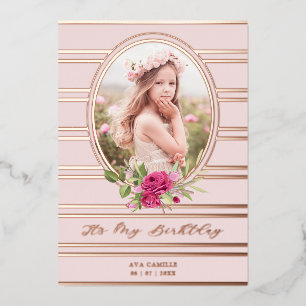 Birthday Luxury Pink Floral Garland Foto Folie Uitnodiging