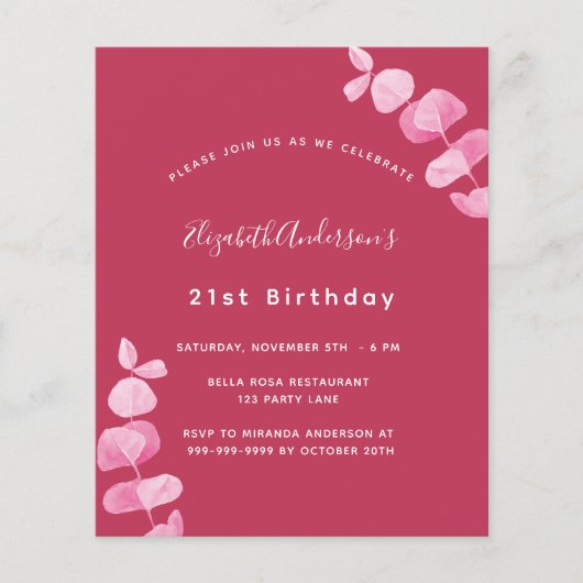 Birthday magenta eucalyptus budget uitnodiging flyer (Voorkant)