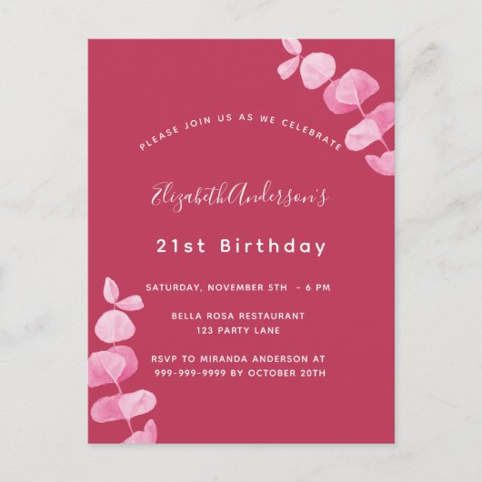 Birthday magenta witte eucalyptus uitnodiging briefkaart (Voorkant)