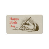 Birthday Mannelijke hand met een fontein pen Retro Etiket (Voorkant)
